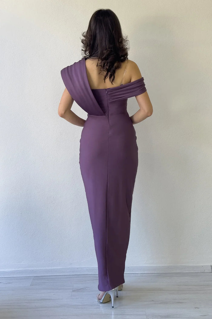 Kadın Lila Tek Omuz Taş Detaylı Drapeli Midi Boy Abiye Elbise 