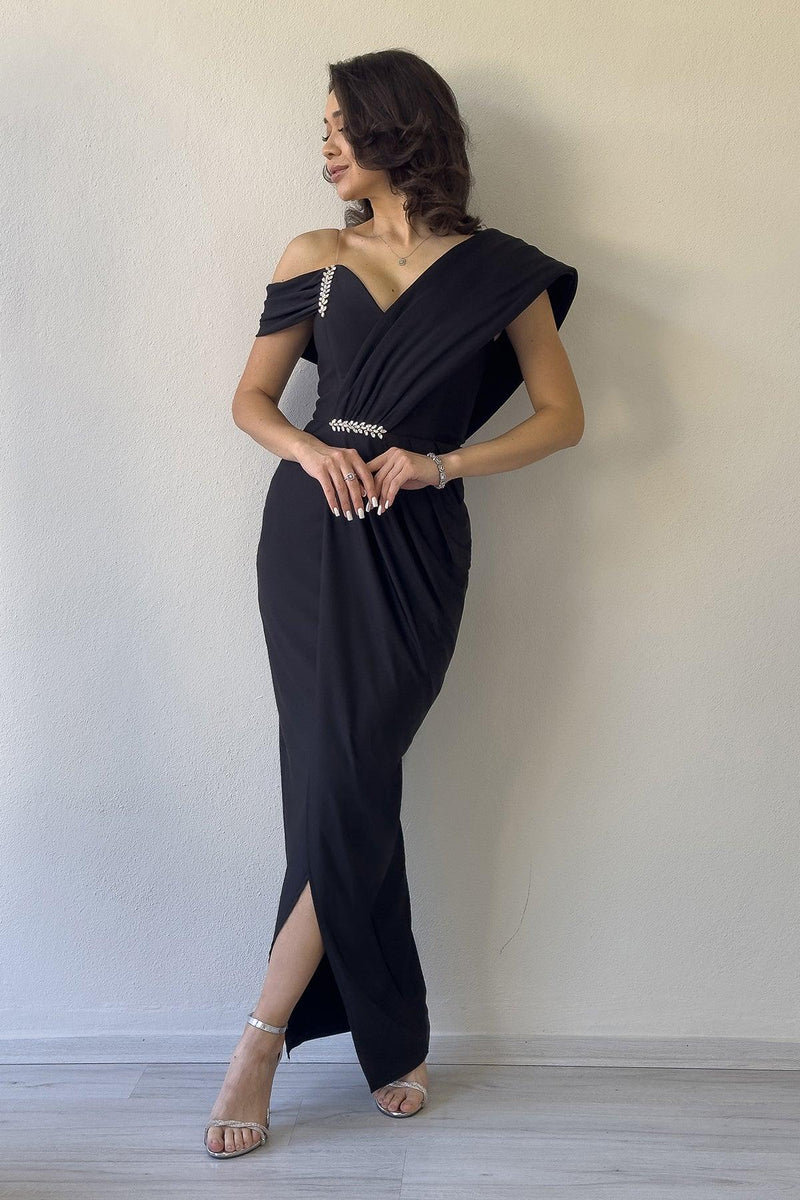 Kadın Siyah Tek Omuz Taş Detaylı Drapeli Midi Boy Abiye Elbise 