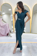 Kadın Yeşil Tek Omuz Taş Detaylı Drapeli Midi Boy Abiye Elbise