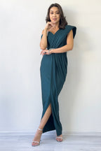 Kadın Yeşil Tek Omuz Taş Detaylı Drapeli Midi Boy Abiye Elbise