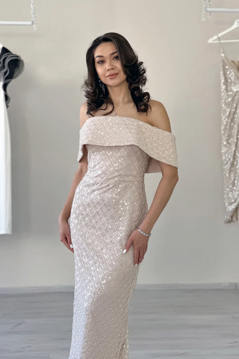 Kadın Bej Düşük Omuz Taş İşleme Detaylı Midi Boy Abiye Elbise