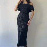 Kadın Siyah Düşük Omuz Taş İşleme Detaylı Midi Boy Abiye Elbise