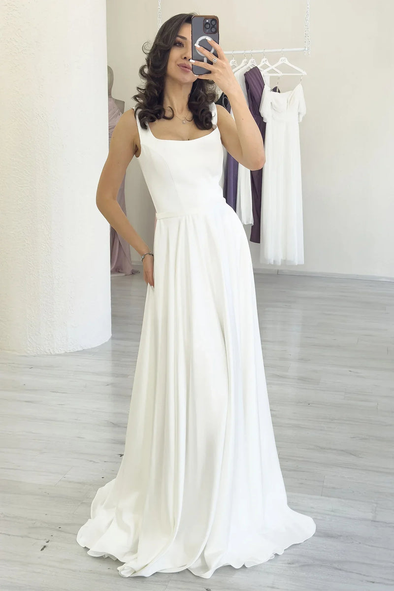 Beyaz Kare Yaka Sırt Bağlamalı Askılı Saten Abiye Elbise 