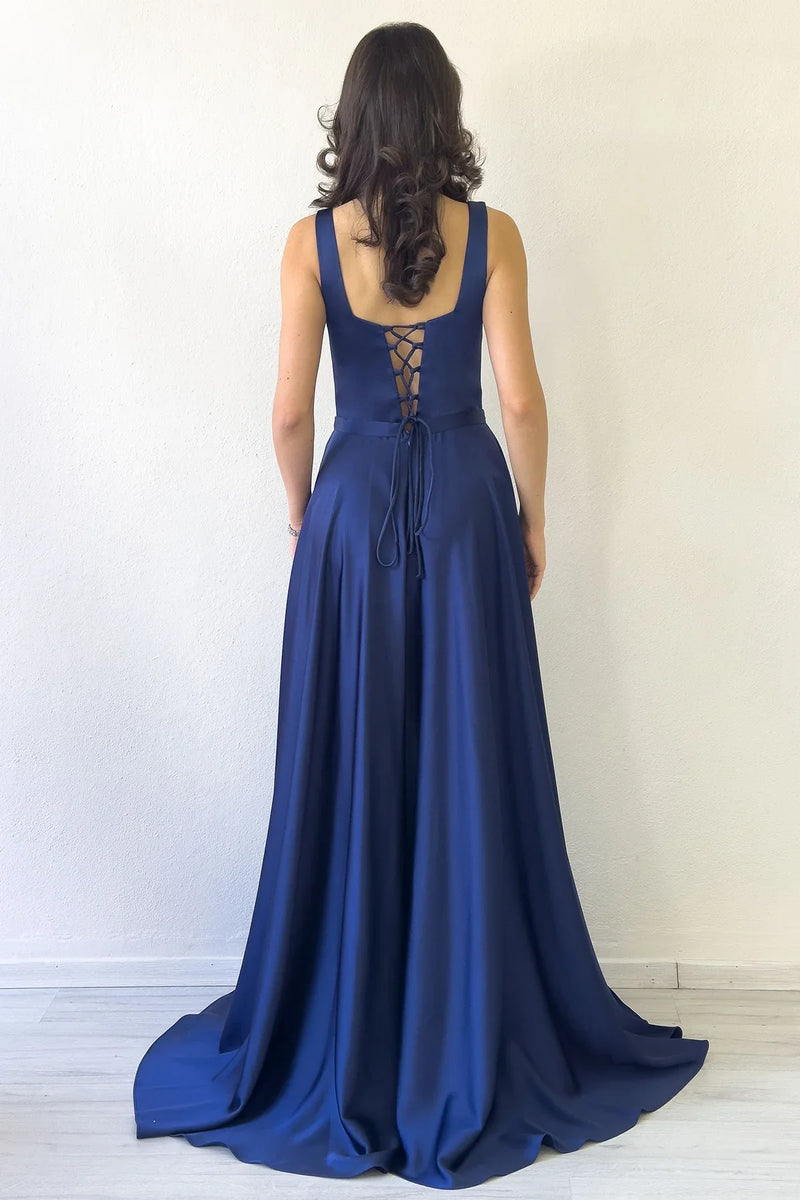 Lacivert Kare Yaka Sırt Bağlamalı Askılı Saten Abiye Elbise