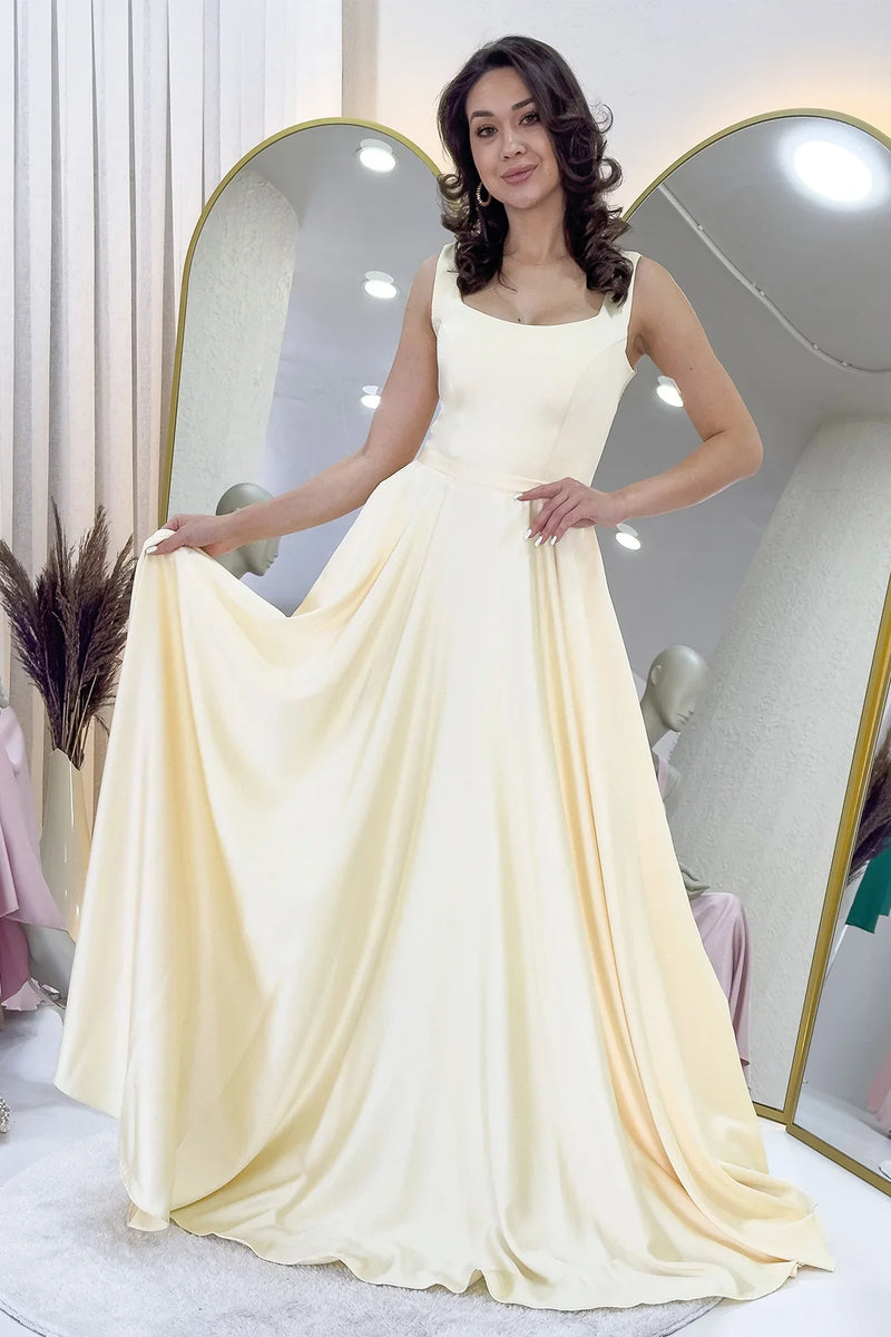 Açık Sarı Kare Yaka Sırt Bağlamalı Askılı Saten Abiye Elbise