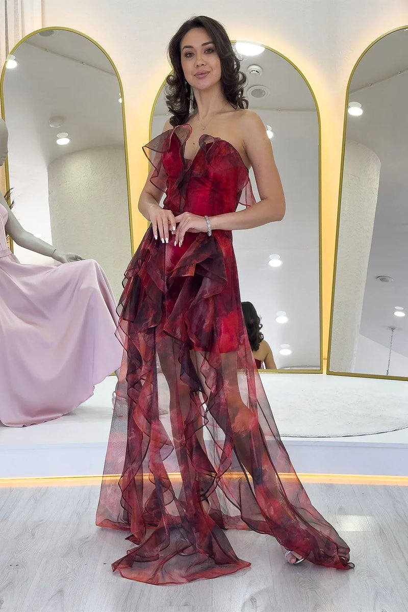 Kadın Kırmızı Batik Desenli Straplez Fırfırlı Abiye Elbise