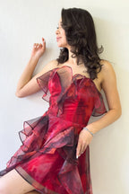 Kadın Kırmızı Batik Desenli Straplez Fırfırlı Abiye Elbise