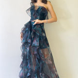 Kadın Petrol Batik Desenli Straplez Fırfırlı Abiye Elbise