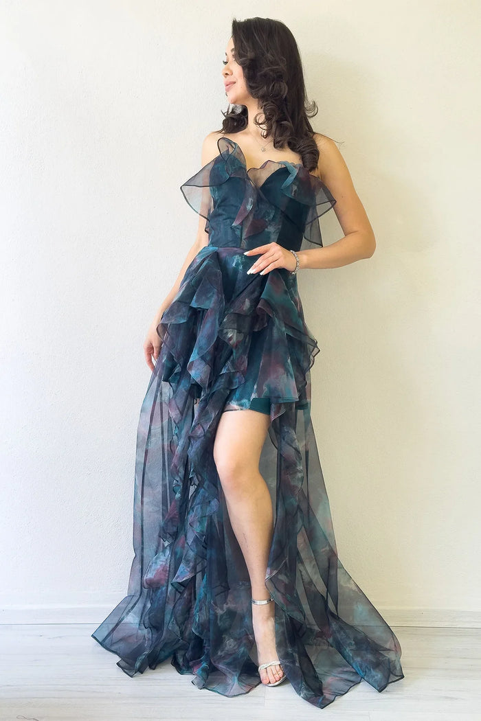 Kadın Petrol Batik Desenli Straplez Fırfırlı Abiye Elbise