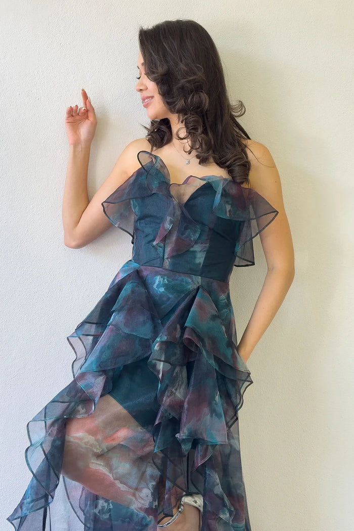 Kadın Petrol Batik Desenli Straplez Fırfırlı Abiye Elbise