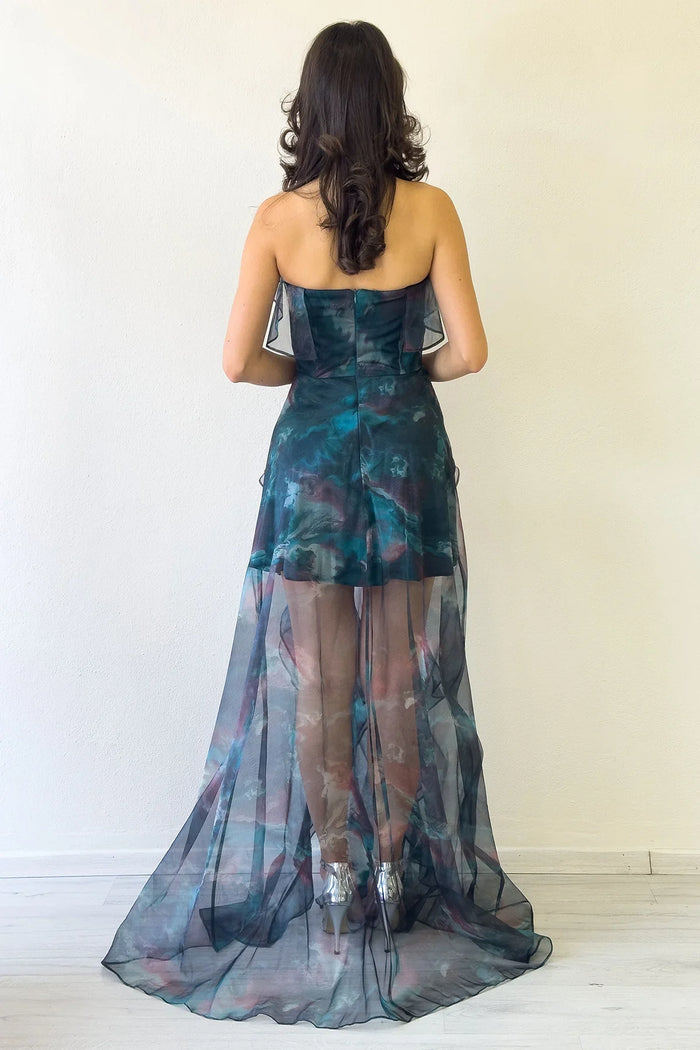 Kadın Petrol Batik Desenli Straplez Fırfırlı Abiye Elbise