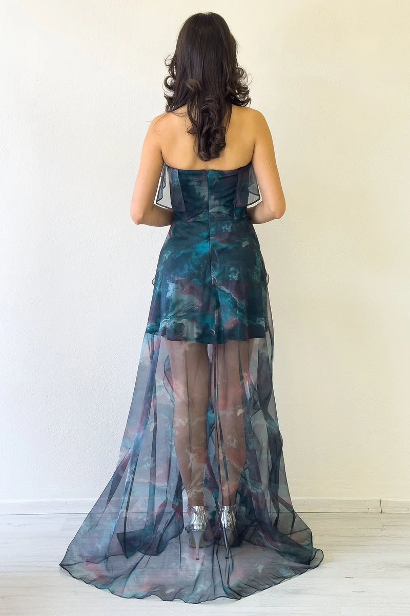 Kadın Petrol Batik Desenli Straplez Fırfırlı Abiye Elbise