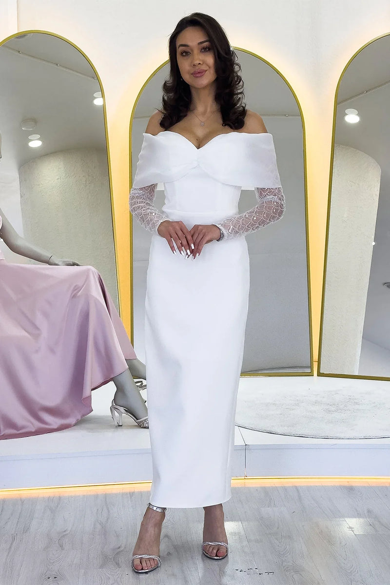 Beyaz Kayık Yaka Fiyonk Detaylı Midi Boy Nikah Elbisesi