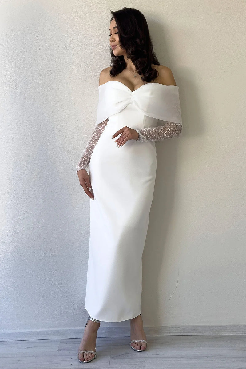 Beyaz Kayık Yaka Fiyonk Detaylı Midi Boy Nikah Elbisesi