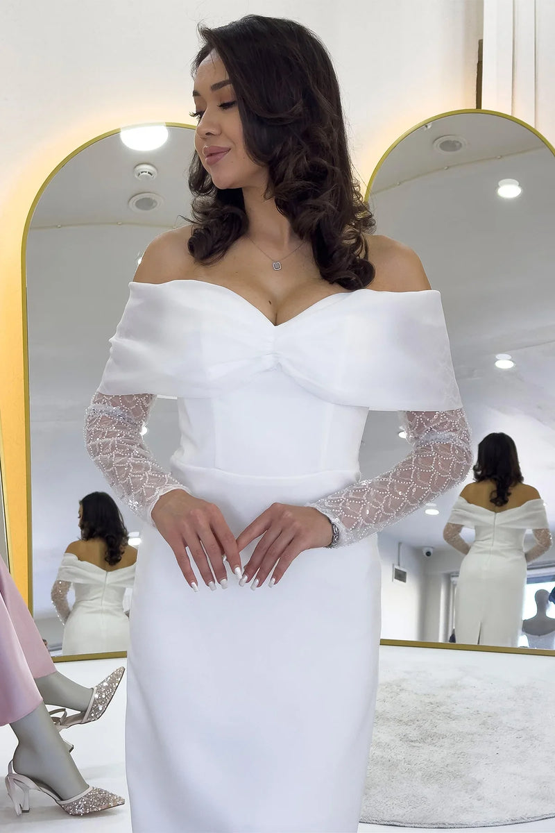 Beyaz Kayık Yaka Fiyonk Detaylı Midi Boy Nikah Elbisesi