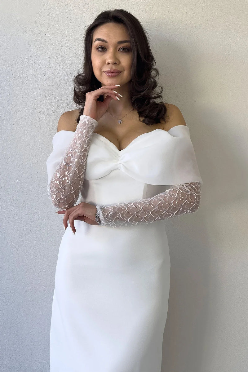 Beyaz Kayık Yaka Fiyonk Detaylı Midi Boy Nikah Elbisesi