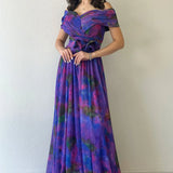 Mor Batik Desenli Madonna Yaka Desenli Tül Abiye Elbise