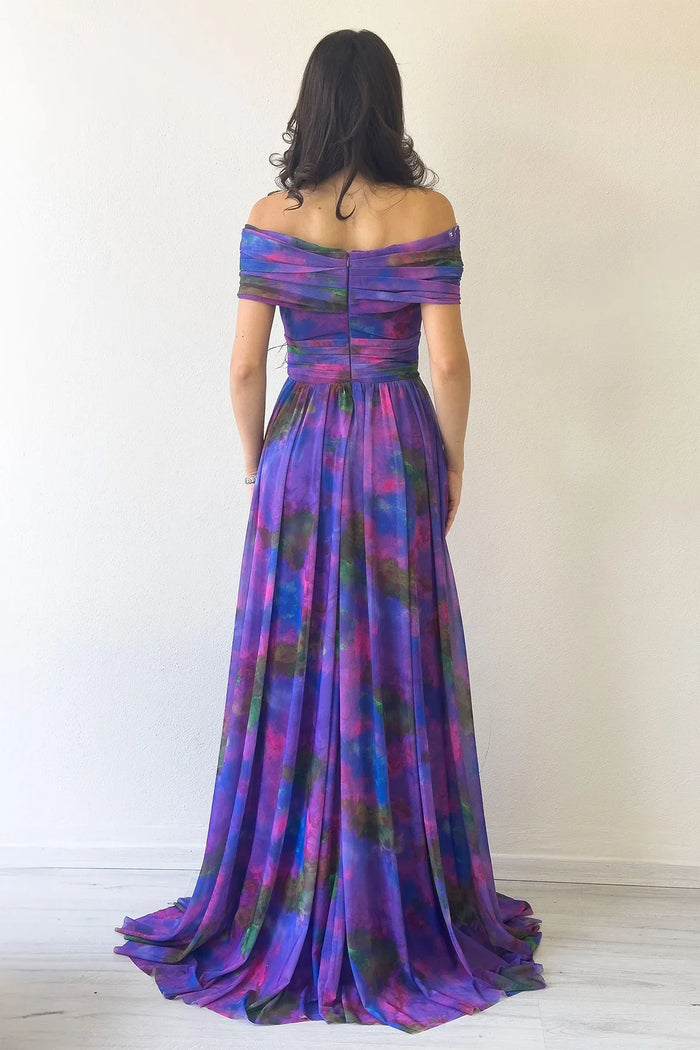 Mor Batik Desenli Madonna Yaka Desenli Tül Abiye Elbise