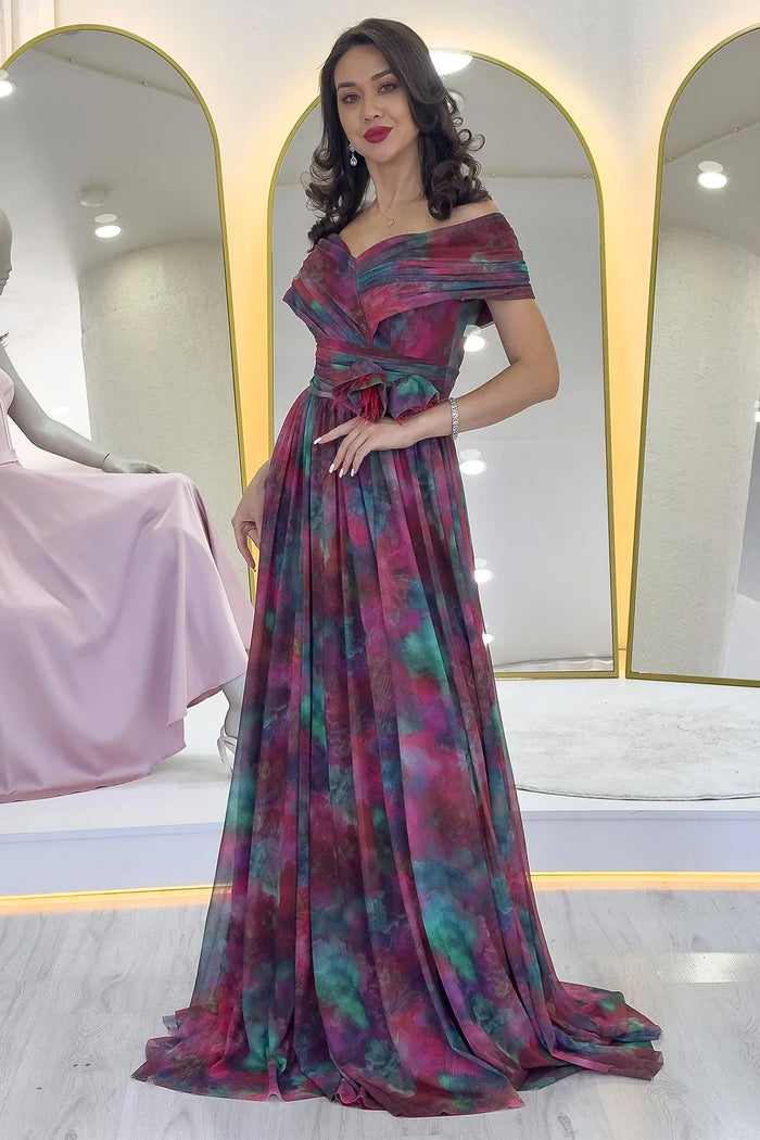 Mürdüm Batik Desenli Madonna Yaka Desenli Tül Abiye Elbise