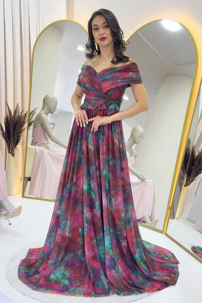 Mürdüm Batik Desenli Madonna Yaka Desenli Tül Abiye Elbise