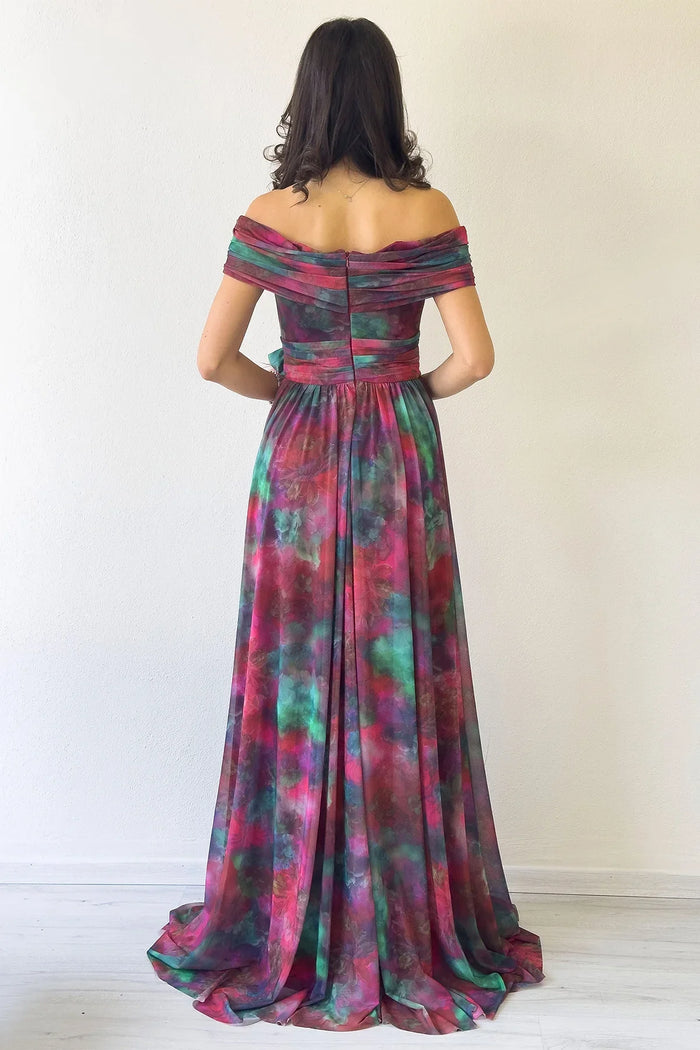 Mürdüm Batik Desenli Madonna Yaka Desenli Tül Abiye Elbise