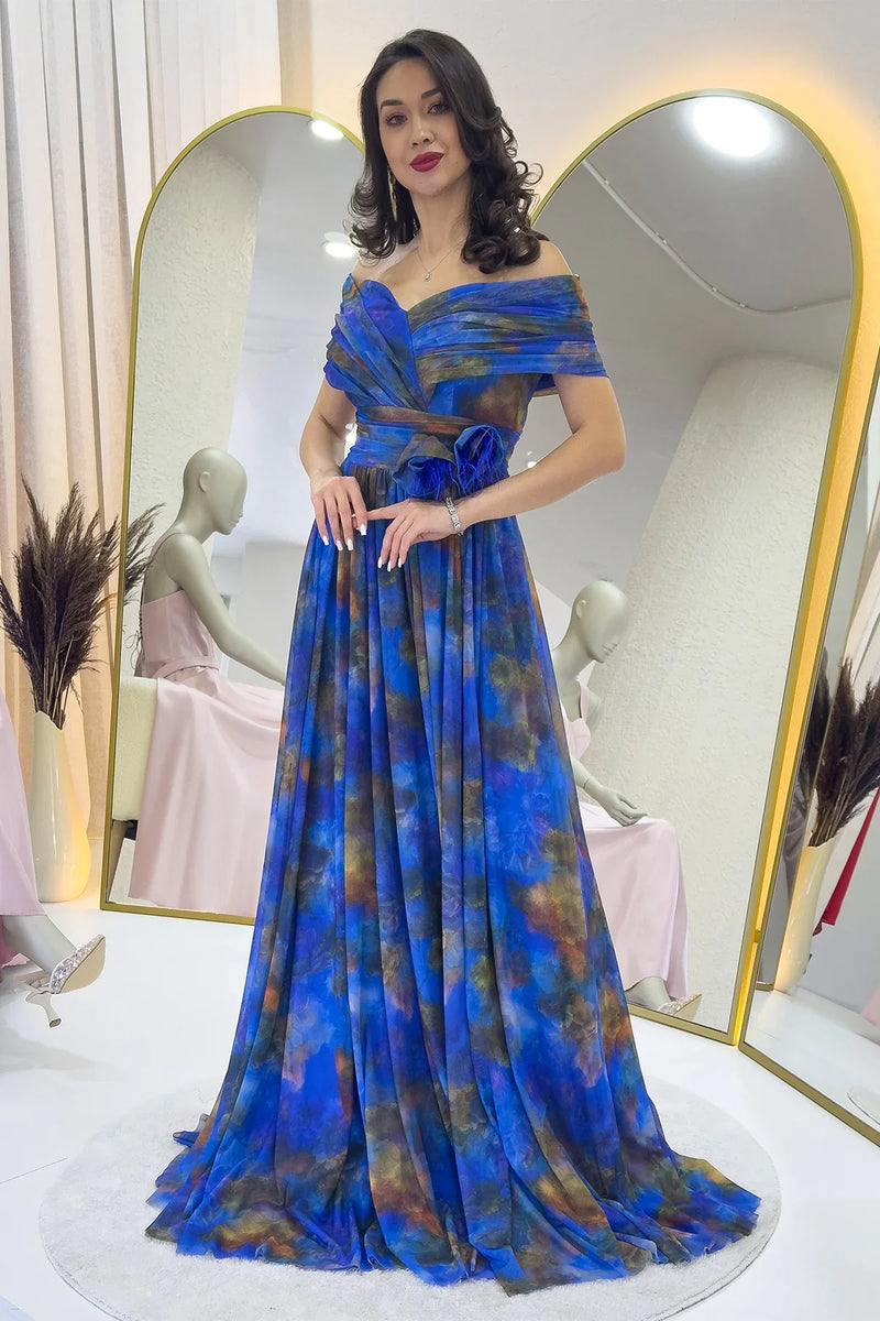 Saks Batik Desenli Madonna Yaka Desenli Tül Abiye Elbise