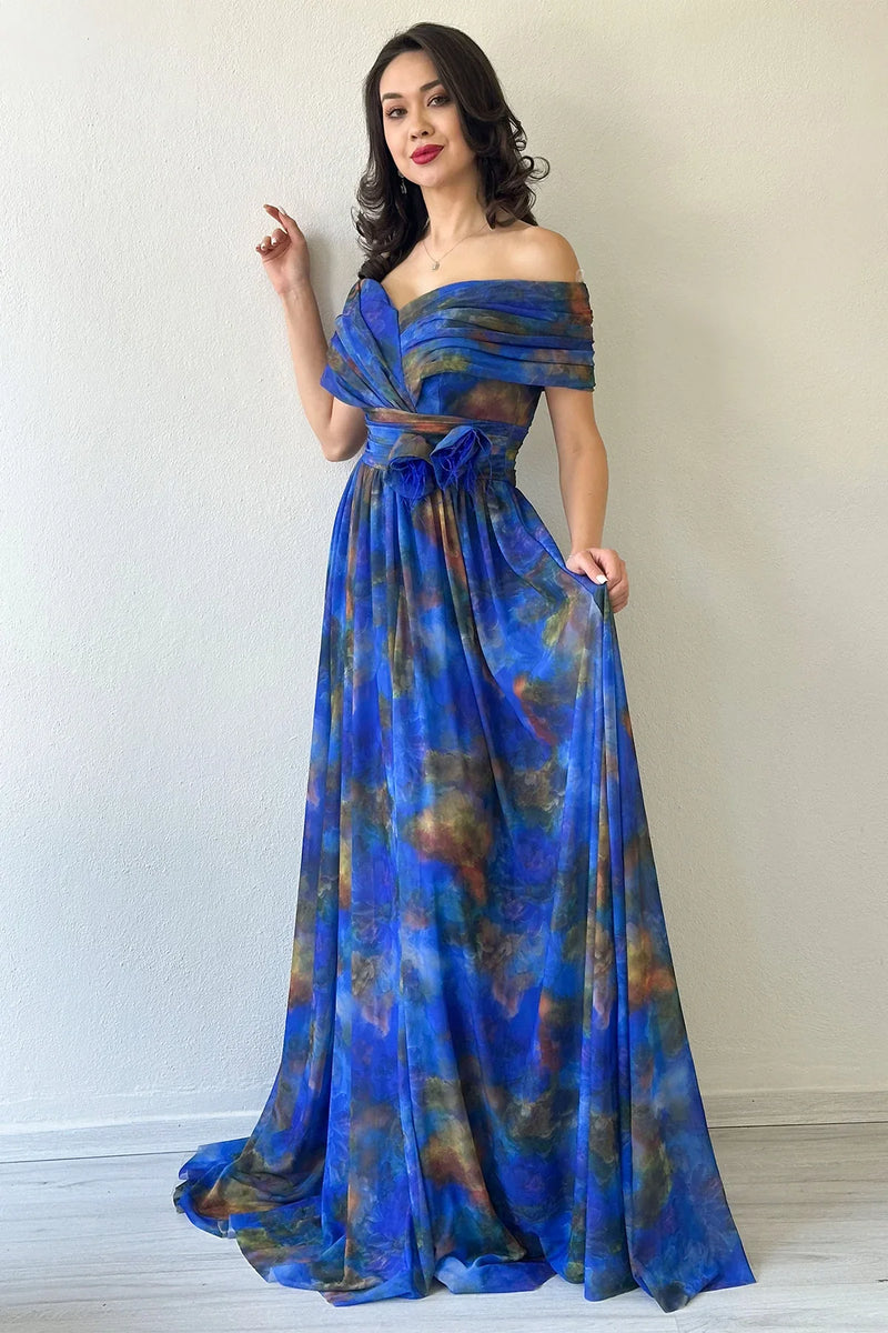 Saks Batik Desenli Madonna Yaka Desenli Tül Abiye Elbise