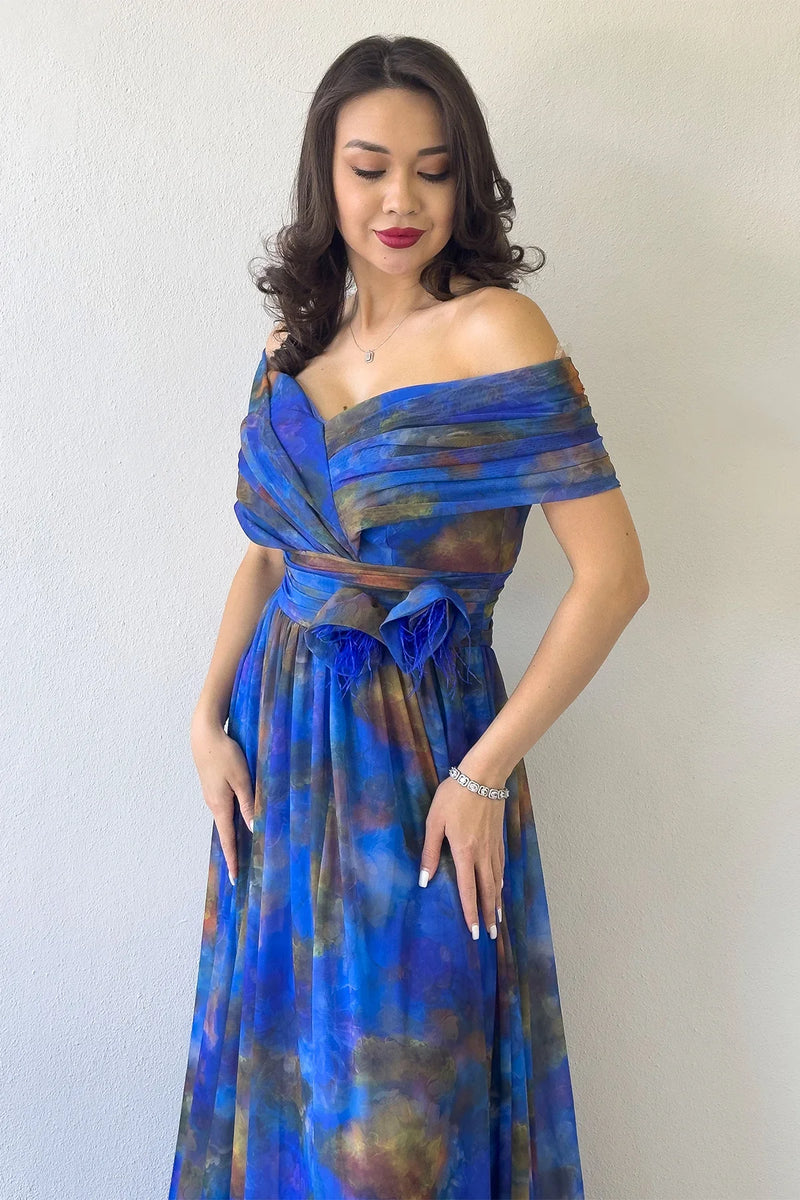 Saks Batik Desenli Madonna Yaka Desenli Tül Abiye Elbise