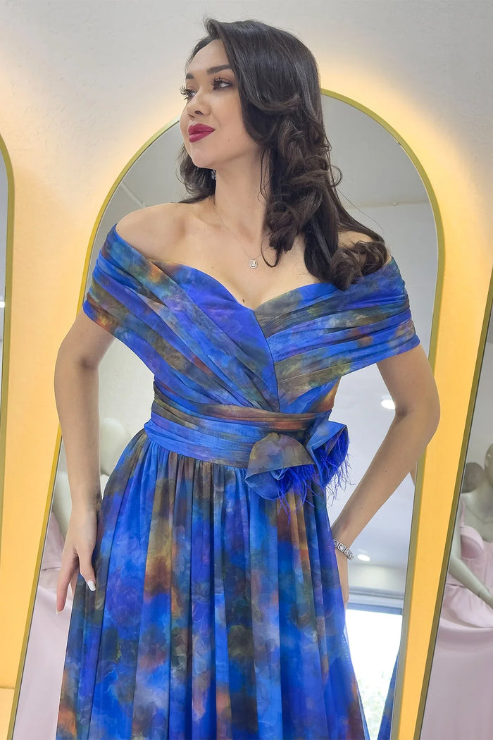 Saks Batik Desenli Madonna Yaka Desenli Tül Abiye Elbise