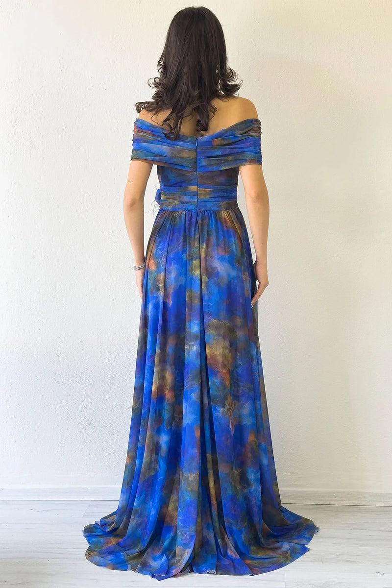 Saks Batik Desenli Madonna Yaka Desenli Tül Abiye Elbise