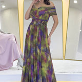 Yeşil Batik Desenli Madonna Yaka Desenli Tül Abiye Elbise