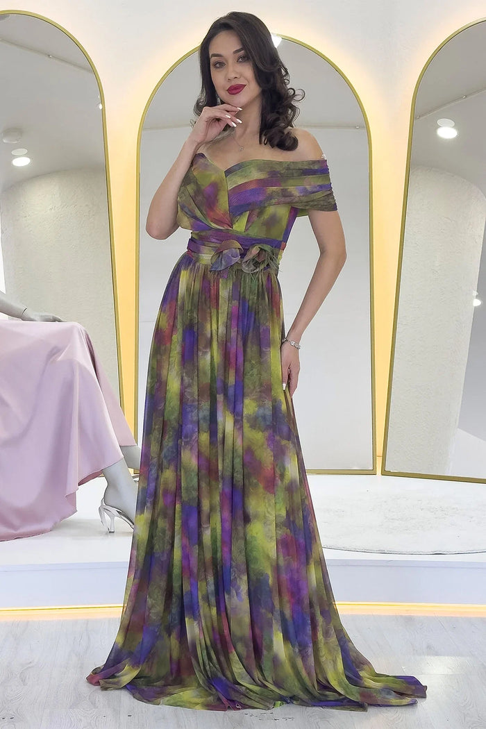 Yeşil Batik Desenli Madonna Yaka Desenli Tül Abiye Elbise