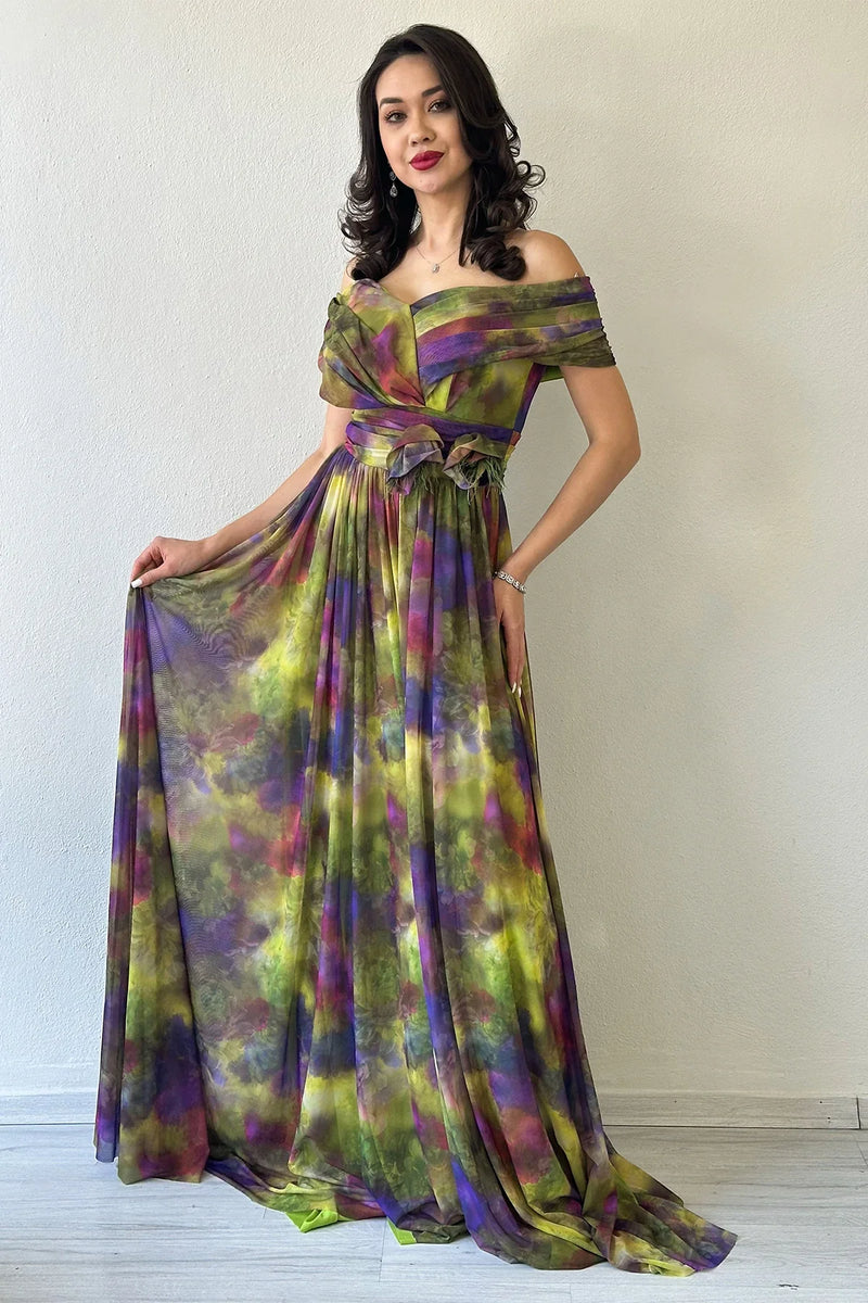 Yeşil Batik Desenli Madonna Yaka Desenli Tül Abiye Elbise