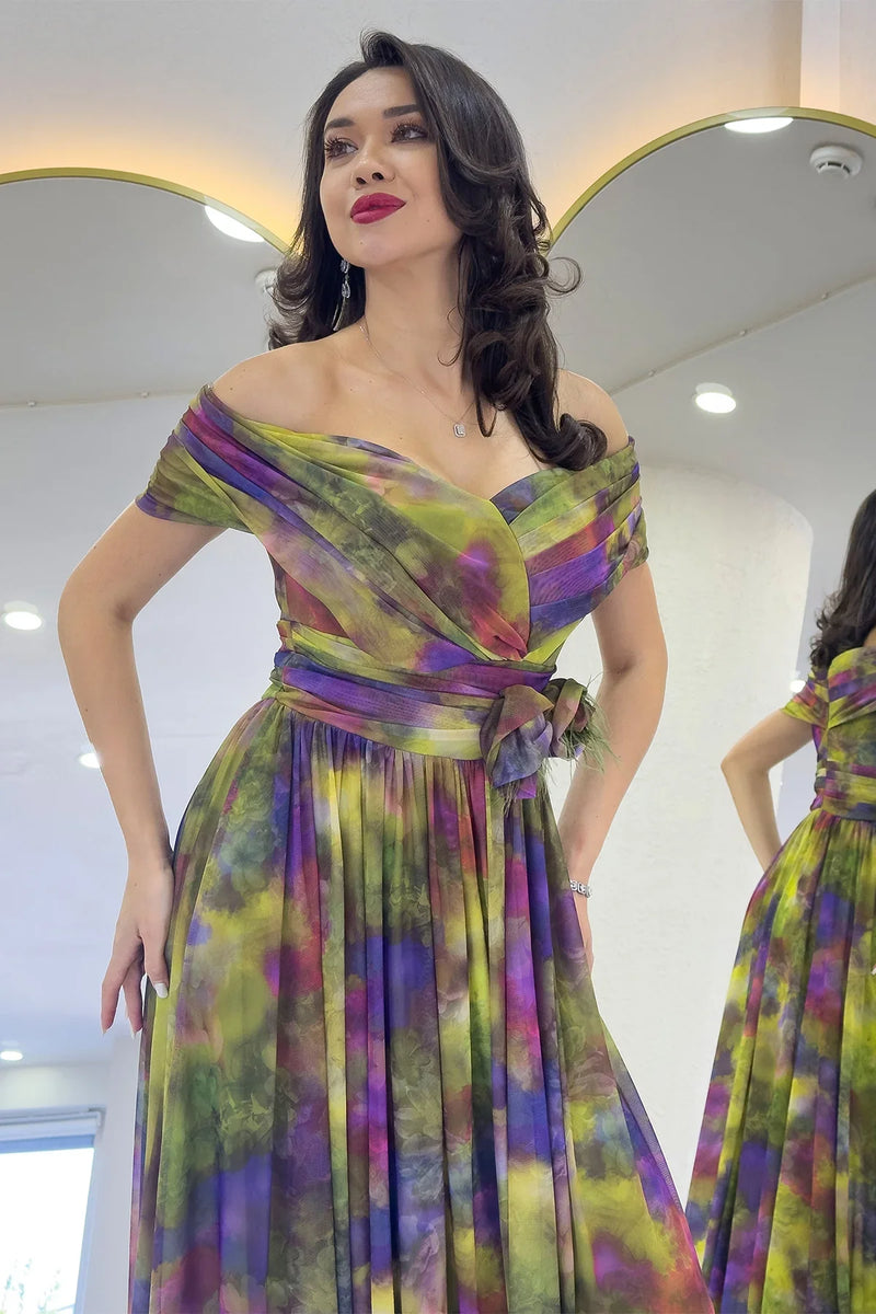 Yeşil Batik Desenli Madonna Yaka Desenli Tül Abiye Elbise