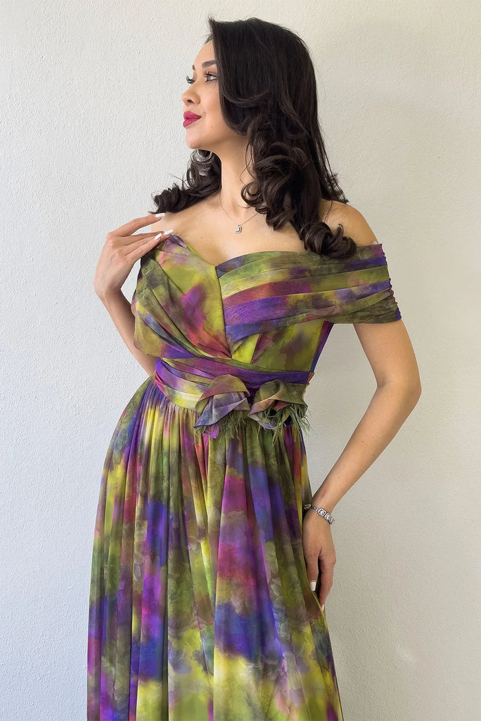 Yeşil Batik Desenli Madonna Yaka Desenli Tül Abiye Elbise