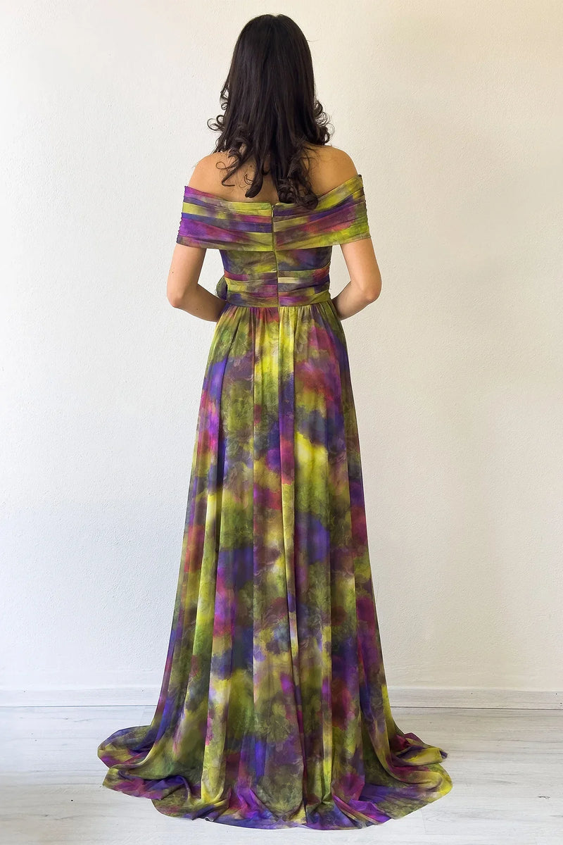 Yeşil Batik Desenli Madonna Yaka Desenli Tül Abiye Elbise