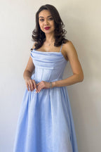 Bebe Mavi Sırt Dekolteli Korse Detay Yırtmaçlı Abiye Elbise 