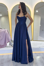 Lacivert Sırt Dekolteli Korse Detay Yırtmaçlı Abiye Elbise