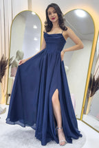 Lacivert Sırt Dekolteli Korse Detay Yırtmaçlı Abiye Elbise