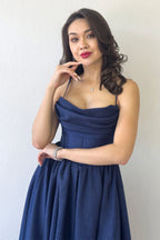 Lacivert Sırt Dekolteli Korse Detay Yırtmaçlı Abiye Elbise