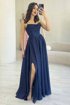 Lacivert Sırt Dekolteli Korse Detay Yırtmaçlı Abiye Elbise