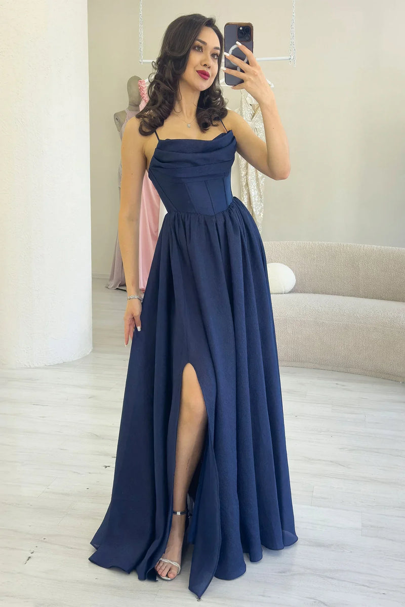 Lacivert Sırt Dekolteli Korse Detay Yırtmaçlı Abiye Elbise