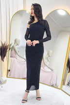 Kadın Siyah Tek Omuz Taşlı Midi Boy Tül Elbise