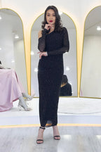 Kadın Siyah Tek Omuz Taşlı Midi Boy Tül Elbise