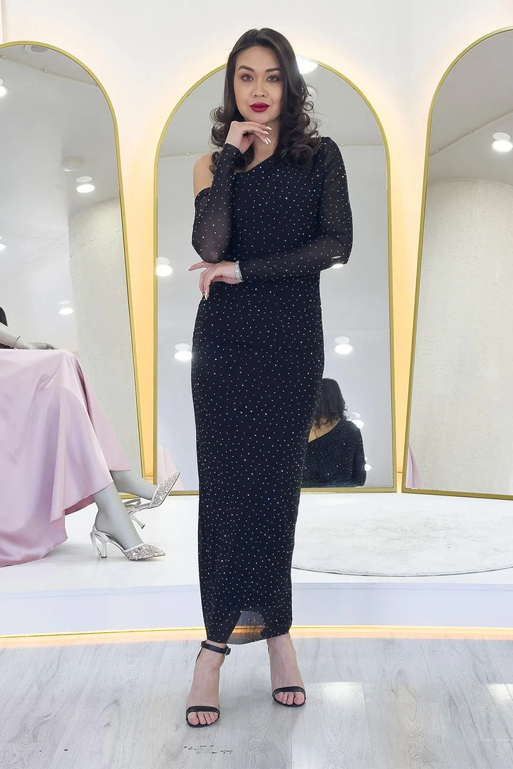 Kadın Siyah Tek Omuz Taşlı Midi Boy Tül Elbise