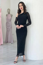 Kadın Siyah Tek Omuz Taşlı Midi Boy Tül Elbise