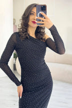 Kadın Siyah Tek Omuz Taşlı Midi Boy Tül Elbise