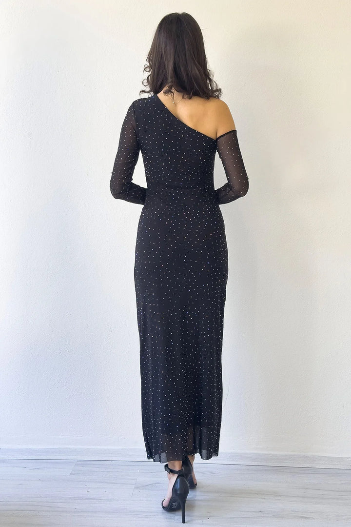 Kadın Siyah Tek Omuz Taşlı Midi Boy Tül Elbise