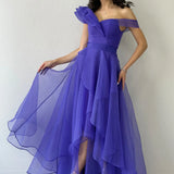 Kadın Mor Düşük Omuz Asimetrik Etek Tül Abiye Elbise