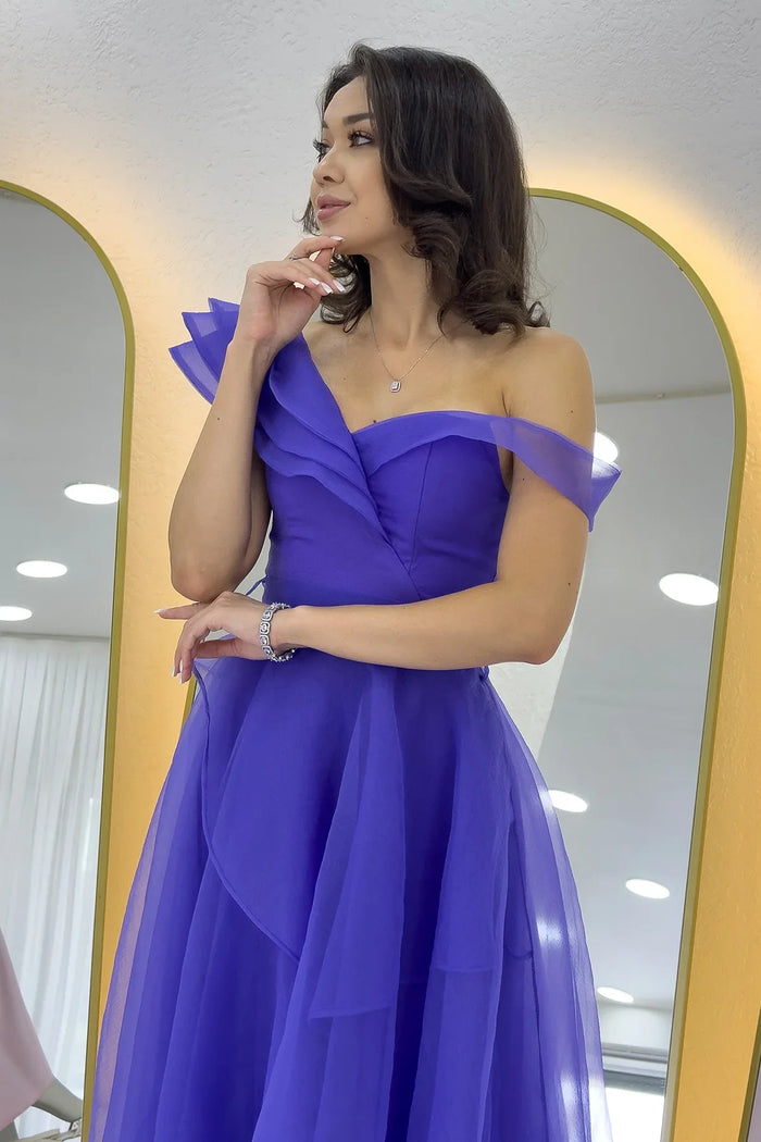 Kadın Mor Düşük Omuz Asimetrik Etek Tül Abiye Elbise